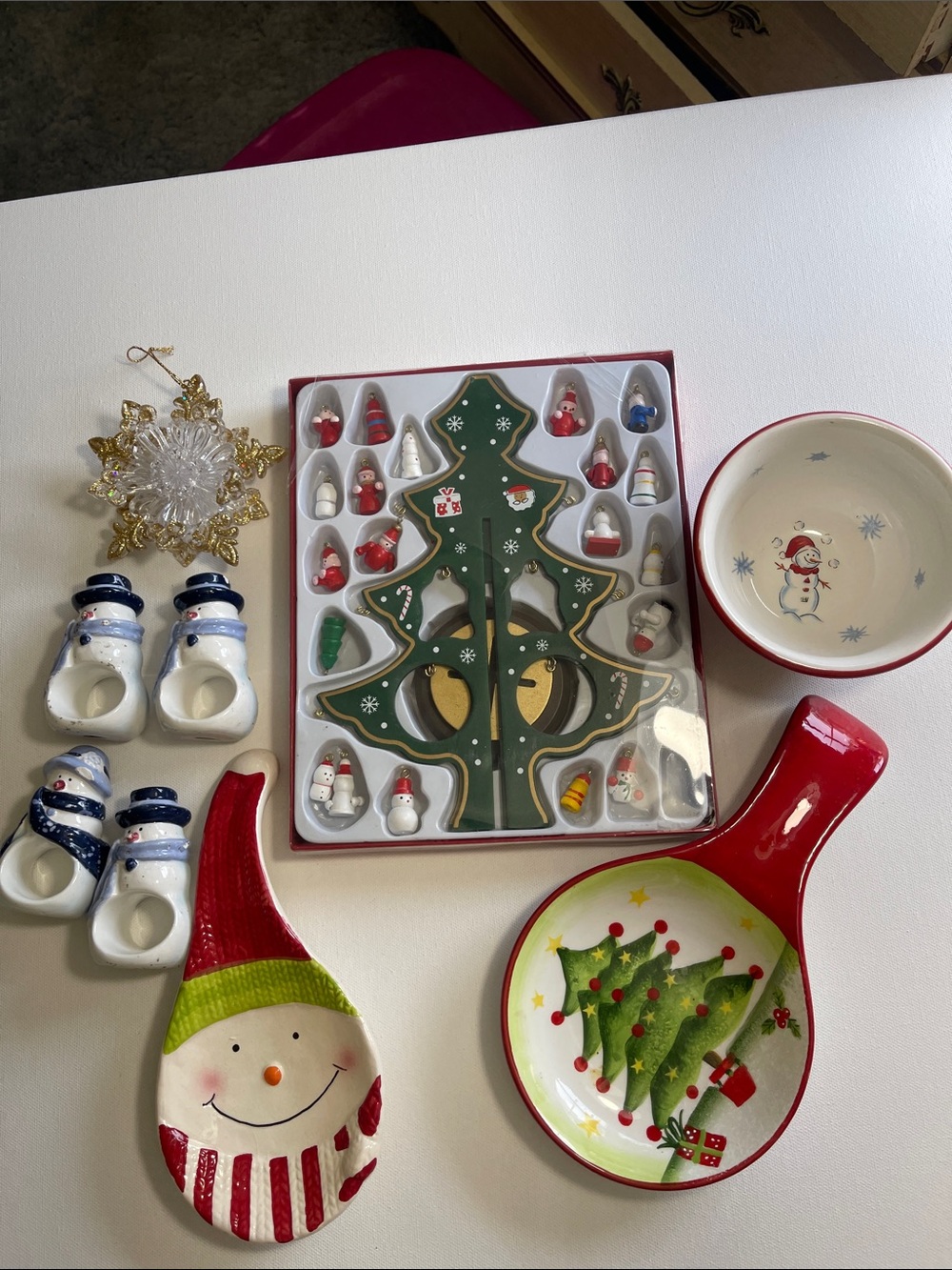 Christmas Ceramic Spoon Rest & Tree Ornament Set Bowl Star - Red, Green, White